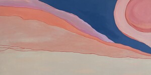 Abstract painting with layered pink and coral bands against a deep blue sky.