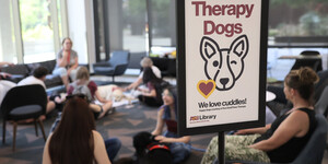 A sign for therapy dogs with people sitting and interacting with dogs in the background.