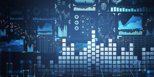 Illustration of various abstract digital graphics, graphs, statistics and data visualizations