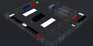 An oblique perspective of a three dimensional digital model of the forthcoming Map and Geospatial Hub unit at ASU Library. The model contains various rectangular prisms and other 3D shapes rendered in different colors -- black, white, red, blue, green, and various shades of grey.