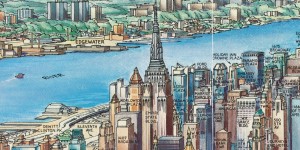 A portion of an illustrated map of Manhattan, showing the skyline and centered on the Empire State Building