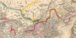 A portion of the map centered on Montreal showing the division of Canada into Canada East, Canada West, and Nova Scotia