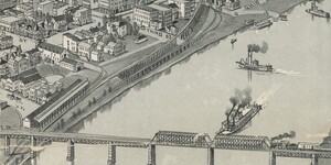 A portion of a black and white map showing a river with a bridge crossing the lower middle. river boats are traversing the river.