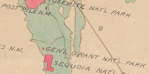 A subsection of the National Parks and Monuments map showing a portion of the California-Nevada Border. Yosemite National Park and Sequoia National Park are prominent, with red boundaries separating them from the green national forest boundaries. 