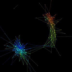 A visualization of concepts extracted from the journal American Economic Review (1960-2010). Each point is a concept and each line indicates the concepts are featured together. Blue indicates that the concept appears in more recent articles and red indicates older articles.
