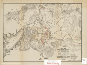 A topographic map with contour lines denoting elevation of the area surrounding the Cuban City of Santiago de Cuba. The Harbor is to the west on the map, with the city center-left. Spanish military positions are shown on the outskirts of the city in orange, with U.S. Troop positions in the high ground outside and to the east of the city.