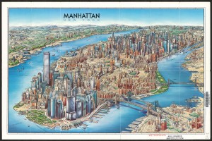 Map of Manhattan with exaggerated and artistic depictions of many of the major buildings and skyscrapers of the island, such as the Twin Towers, the Empire State Building, and the UN Headquarters.