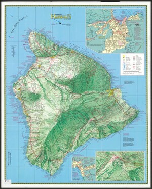Map of the largest and easternmost island in the Hawaiian archipelago, Hawai’i. The map shows roads, settlements, national park land, and insets of Hilo, Kailua-Kona, and the Kīlauea Volcano.