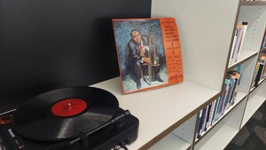 LP playing "Big Chief" Russel Moore. This record is titled "Pow Wow Jazz Band." You can listen to the vinyl record on our record player, located at our Hayden Library location!