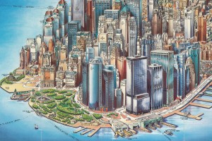 a section of the map centered on Lower Manhattan’s Financial District, which shows a northward facing depiction of the district.