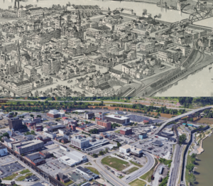 Two bird’s eye views of the town of Parkersburg, one from 1899 showing many historical buildings, the railroad, and the streetcar lines. The other shows the remaining historical buildings, newer developments and expanded roads.