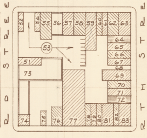 The portion of the map that depicts the block showing properties 51 through 83, including the famous O.K. Corral and C.S. Fly’s.