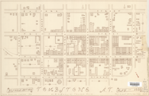  A map showing the grid-like layout of Tombstone Arizona, centered on the business district showing the dense collection of buildings, each labeled with a number denoting its location in the key.