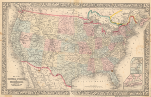 Map of the US and Southern Canada with each state and Territory marked in red, green, blue, or yellow