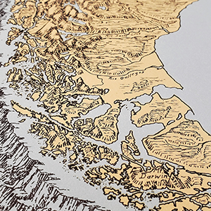 An oblique view of the southern tip of South America. Sea floor is gray, while the land is yellow.
