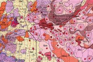 A portion of a colorful geologic map. Different colors represent different types of rocks.