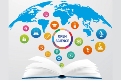 an open book with science images, a world map,and the words open science